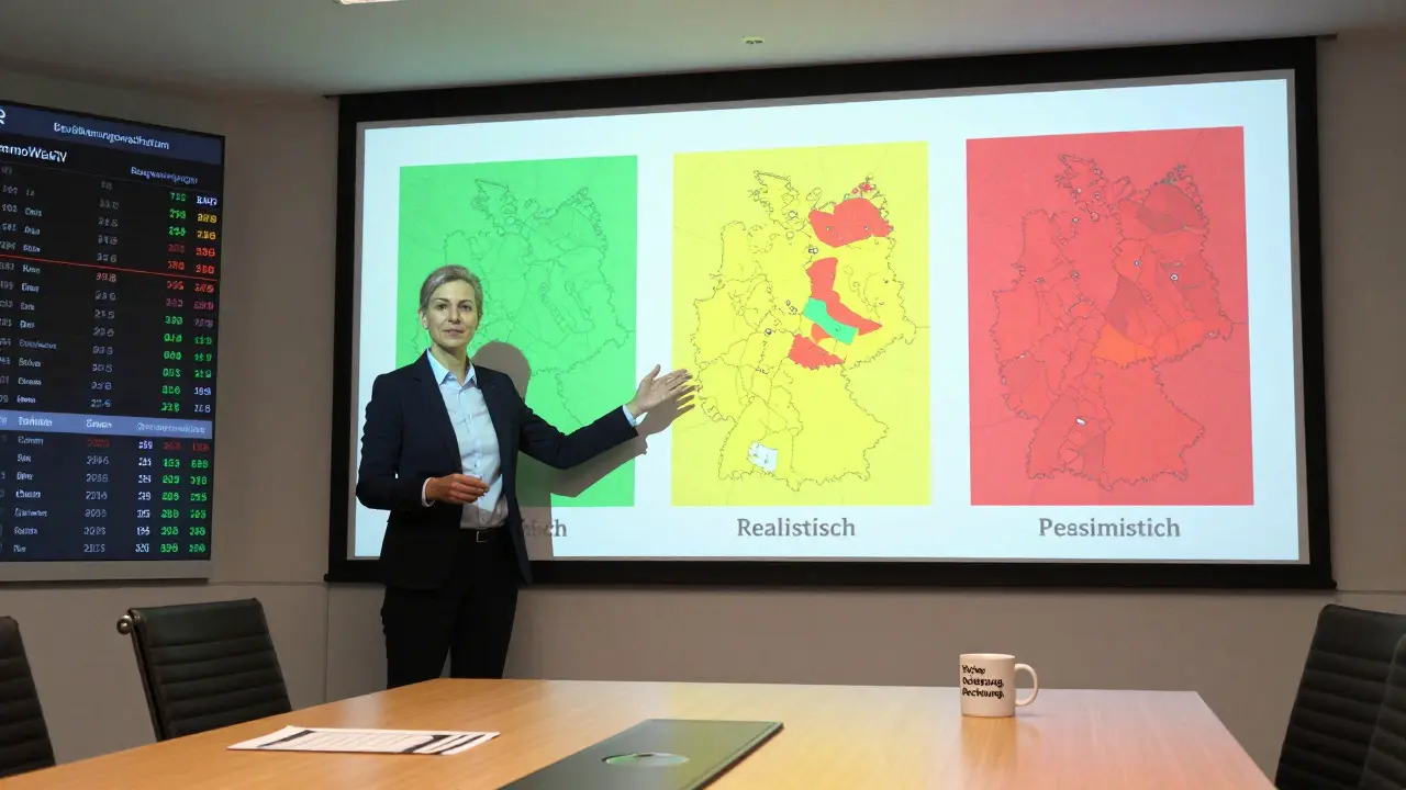 Immobilienfachmann präsentiert drei Szenarien auf einer Projektionswand mit dynamischen Marktdaten in einem Konferenzraum.
