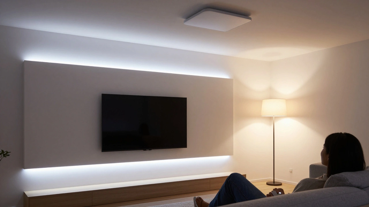 Intelligente Beleuchtung in einem minimalistischen Wohnzimmer, das sich automatisch an die Tageszeit anpasst.
