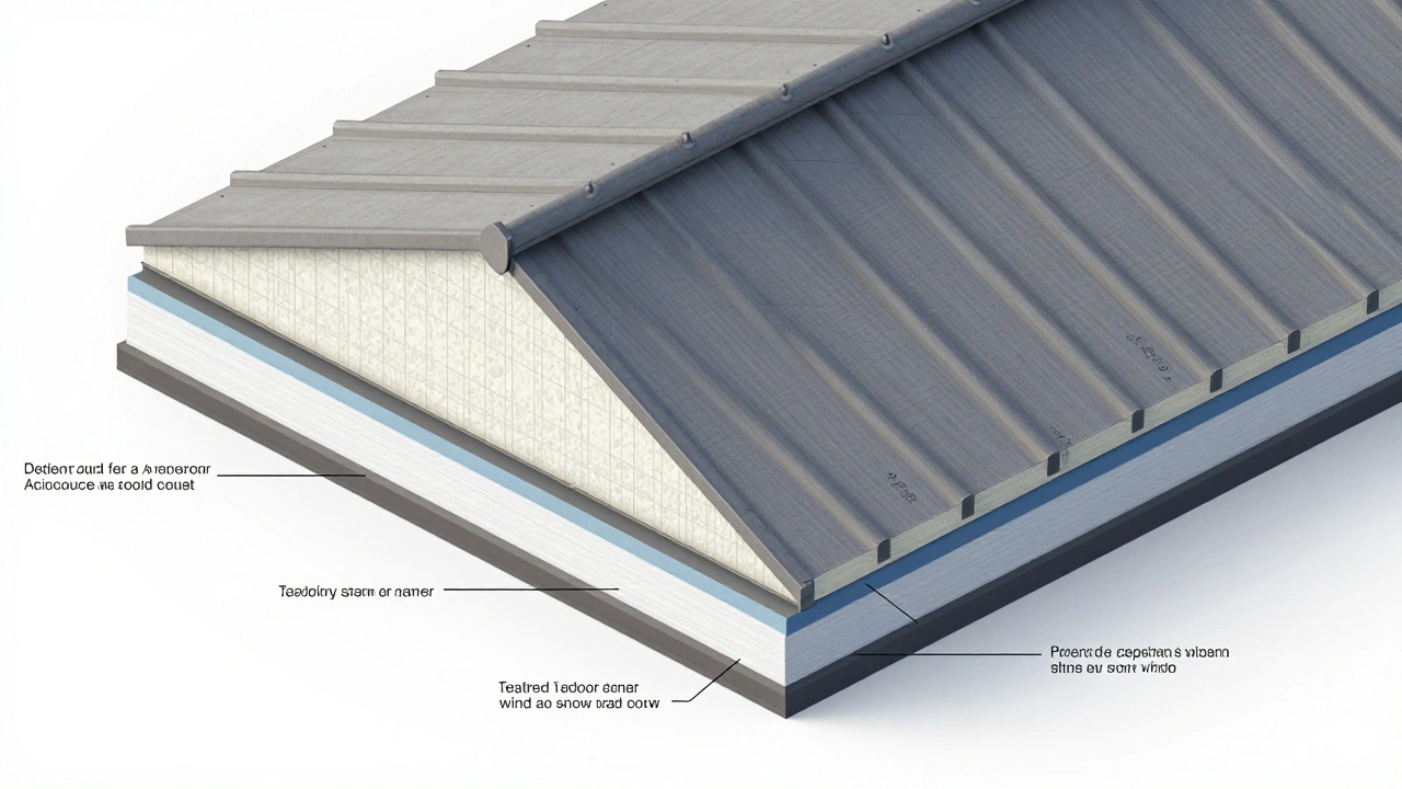 Isometrische Schnittansicht eines Daches mit externer Dämmung, Schraubenabstände und Lastverteilung dargestellt.