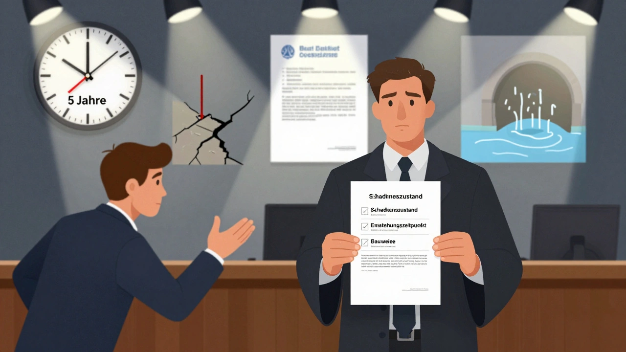 Käufer präsentiert Gutachten vor Gericht, während ein Uhr mit &#039;5 Jahre&#039; und ein fehlender Energieausweis sichtbar sind.