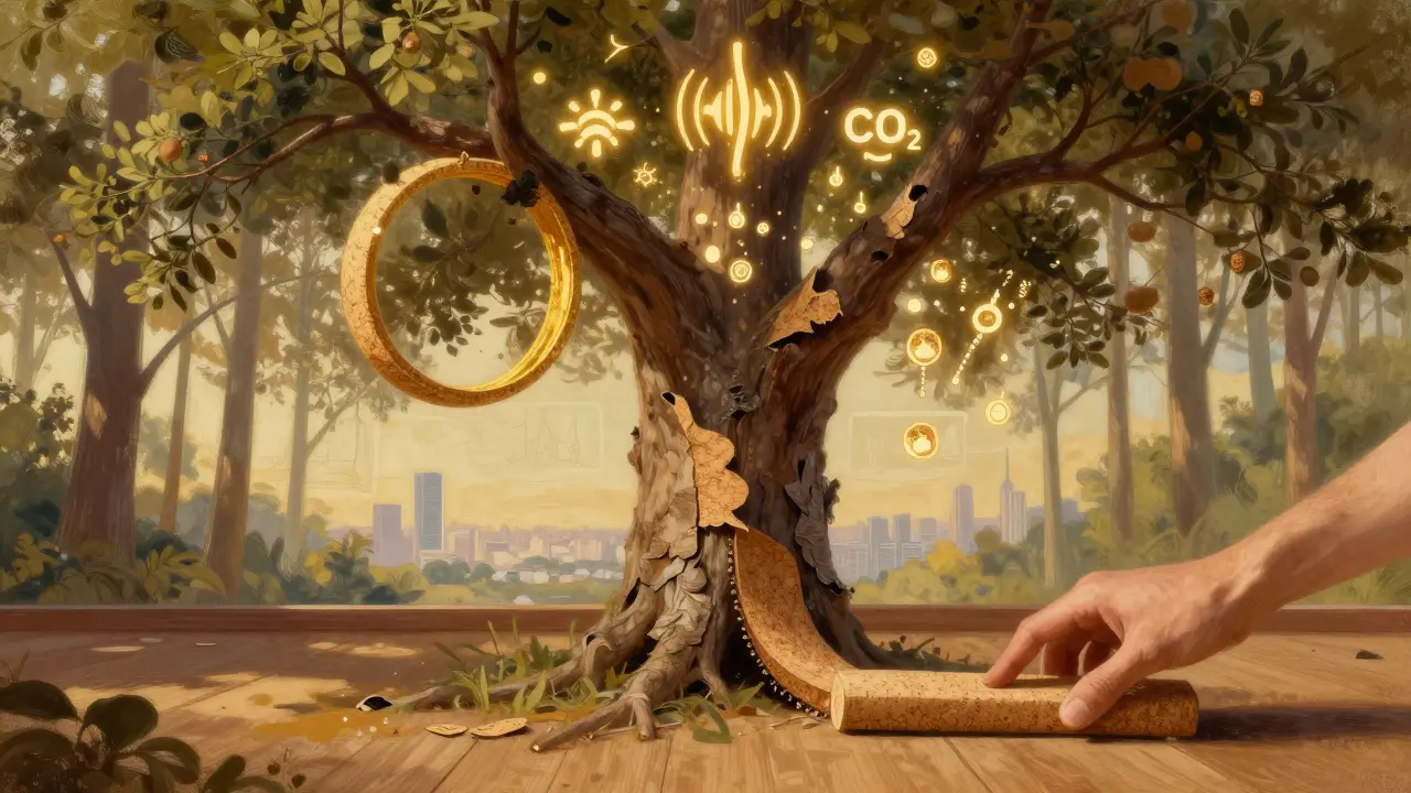 Korkeiche mit abgezogener Rinde, die Wärme, Schall und CO2-Speicherung symbolisiert.