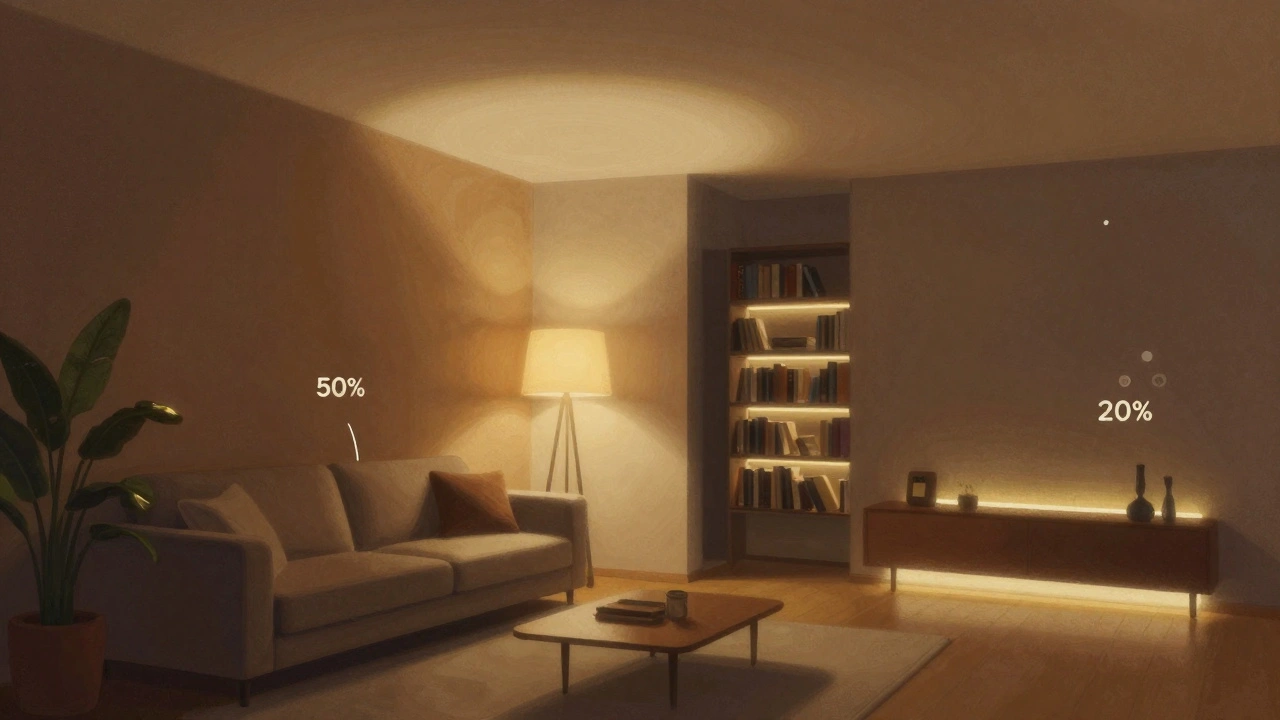 Künstlerische Darstellung eines Wohnzimmers mit drei Lichtschichten: Grund-, Akzent- und Stimmungslicht.