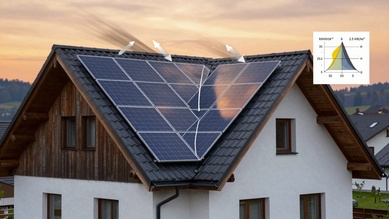 Modernes Dach mit integrierter Photovoltaik auf Aufsparrendämmung, Sonnenlicht und Windkräfte als abstrakte Linien.
