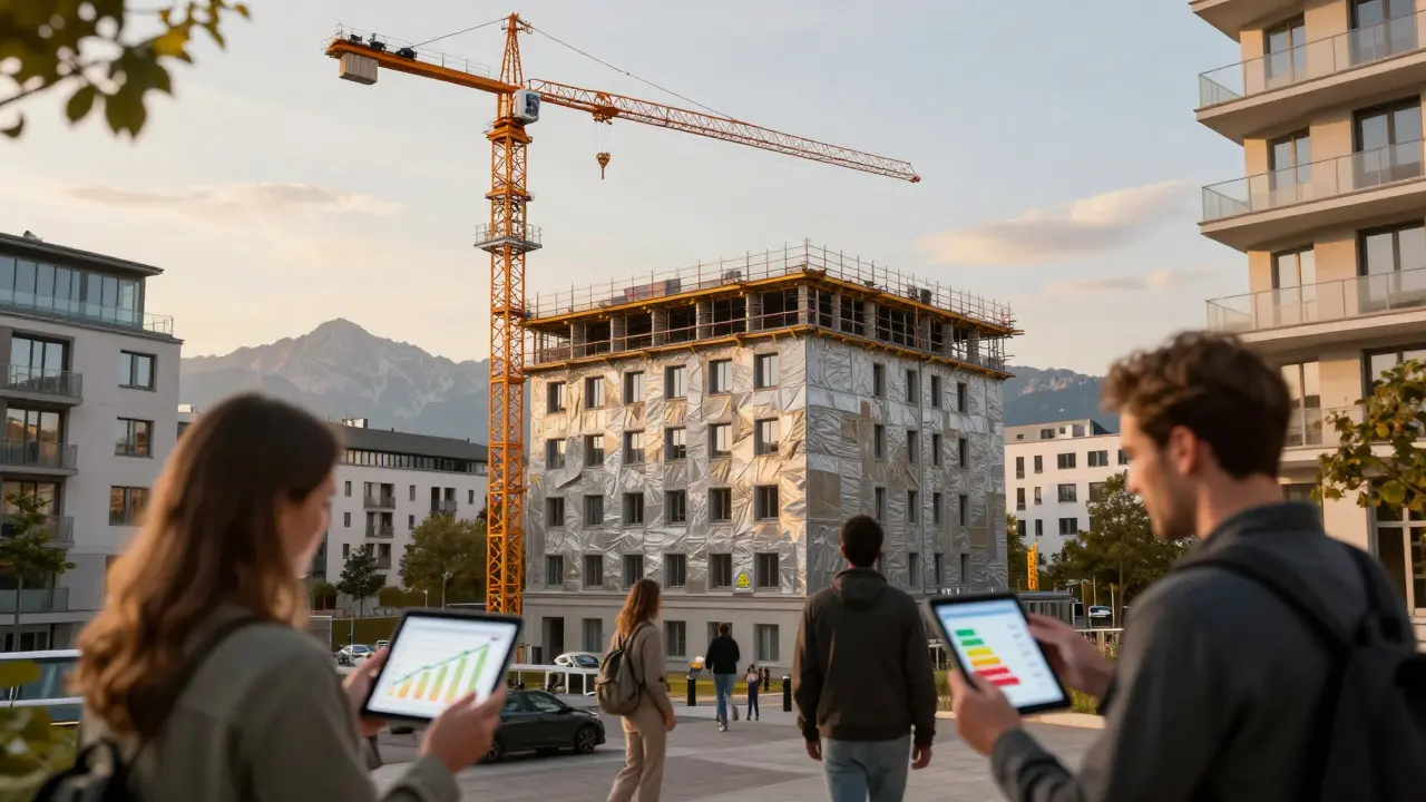 Münchner Altbau wird sanierend umgebaut, während Käufer Wertsteigerungsdaten auf Tablets betrachten.