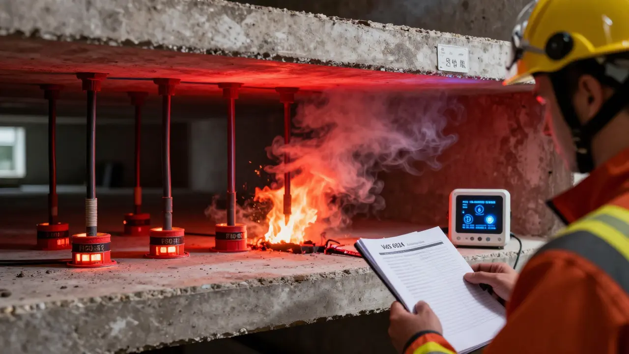 Querschnitt durch ein Gebäude mit brandschutzgeprüften Durchführungen und intelligenten Überwachungssensoren.