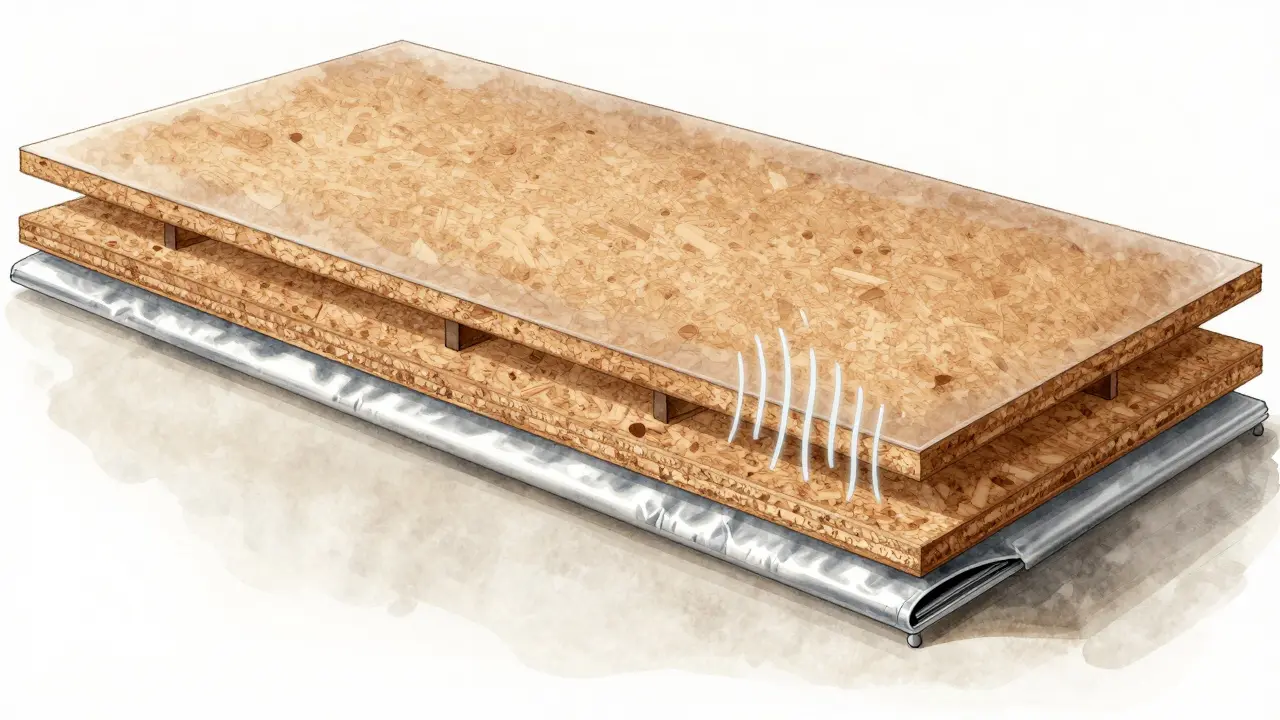 Querschnitt eines fachgerecht verlegten Korkbodens mit Dampfbremse, Schalldämmung und Heizung.