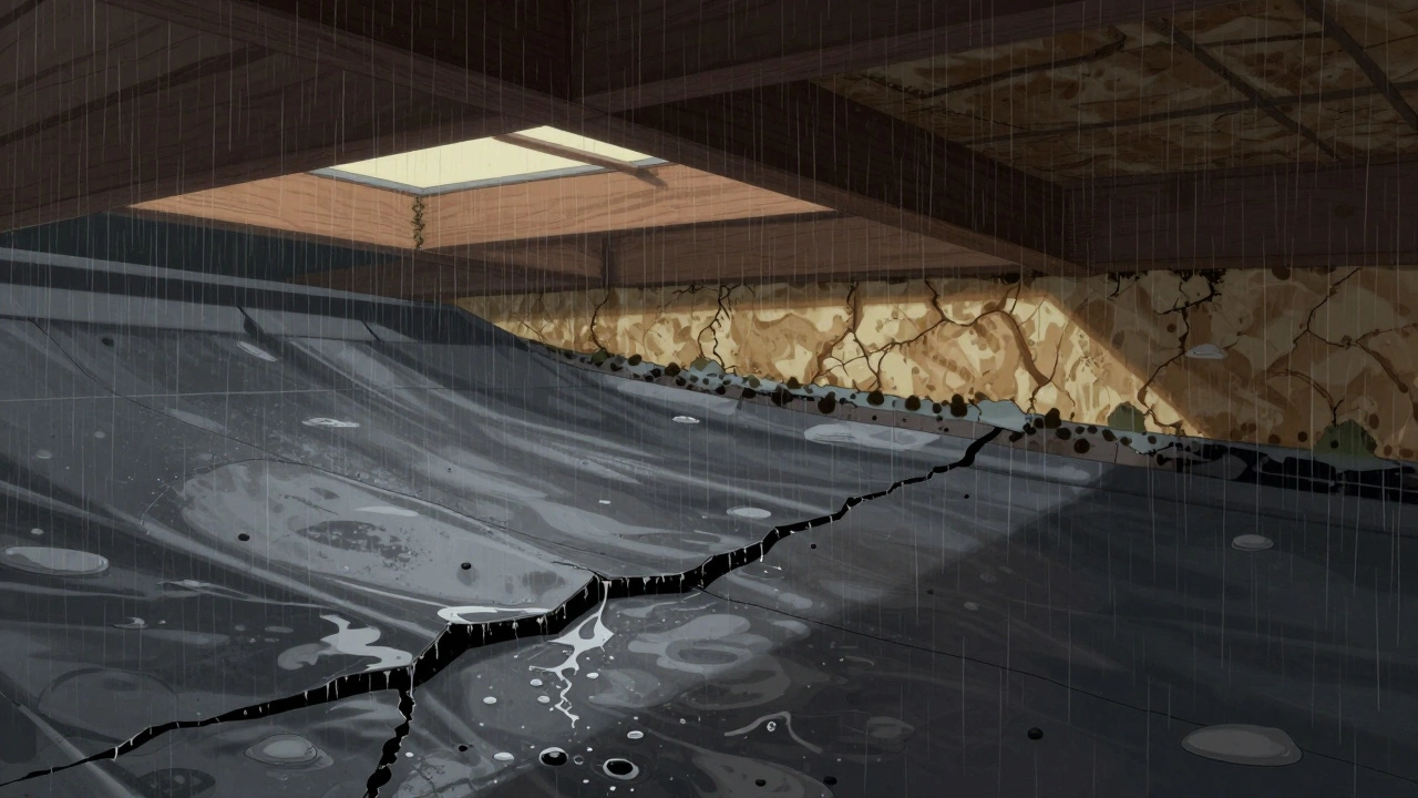 Querschnitt eines Flachdachs mit stauendem Regenwasser und sich ausbreitender Feuchtigkeit in der Dachkonstruktion.