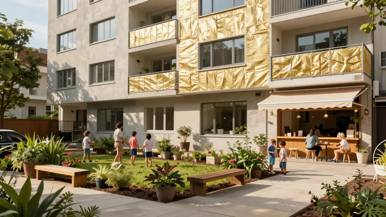 Renovierte Wohnanlage mit Gemeinschaftsgarten und familienfreundlicher Atmosphäre im Sonnenlicht.