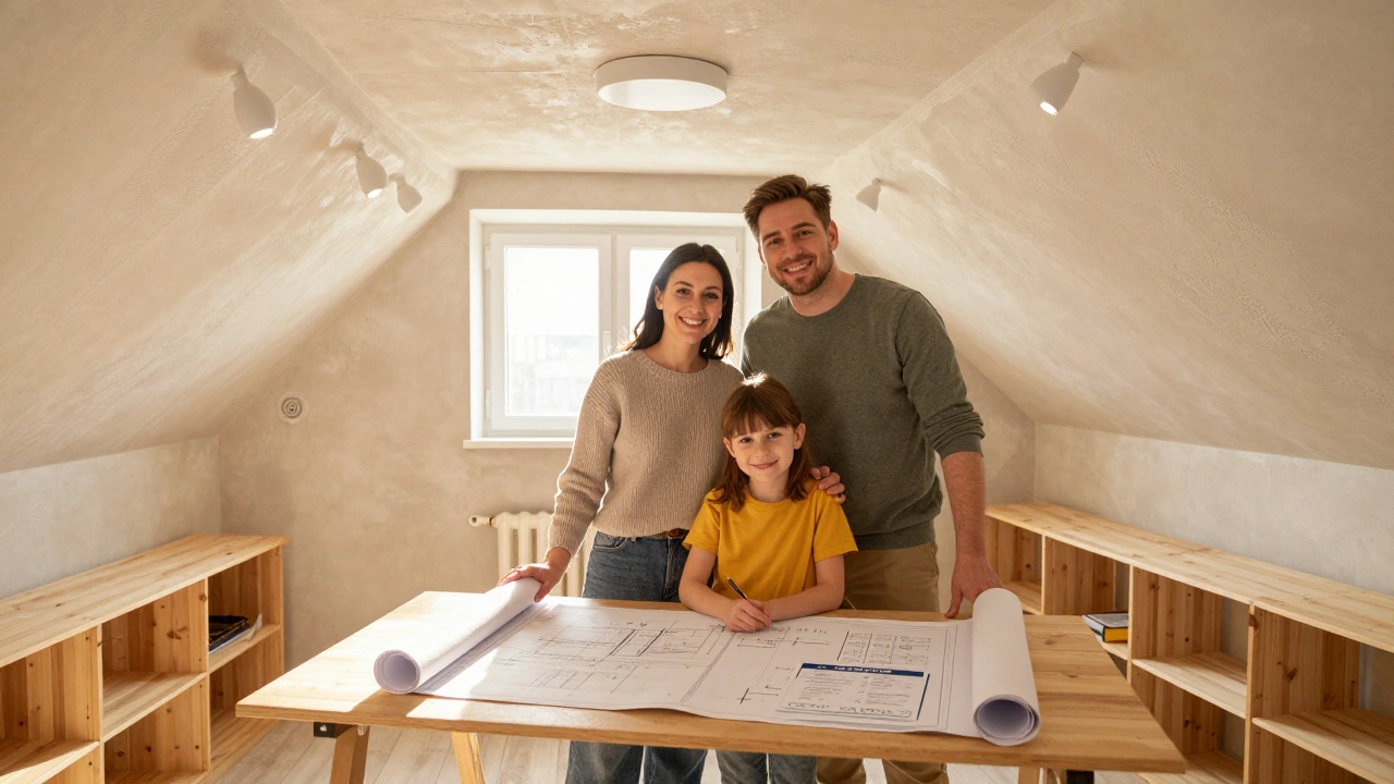 Renovierter, trockener Keller mit moderner Dämmung und warmem Licht, eine Familie betrachtet Sanierungsunterlagen.