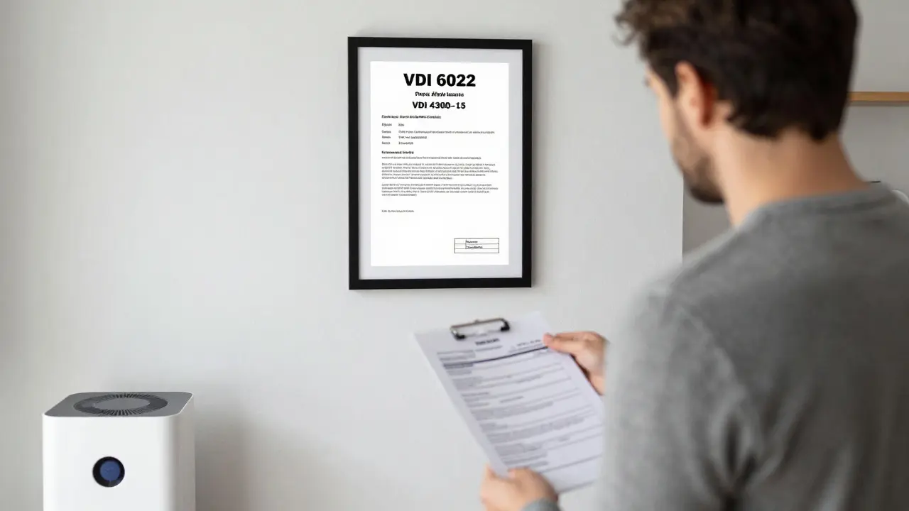 Sanierungsprofis überreichen einem Mieter ein Laborzertifikat zur Freimessung in einem renovierten Wohnzimmer.