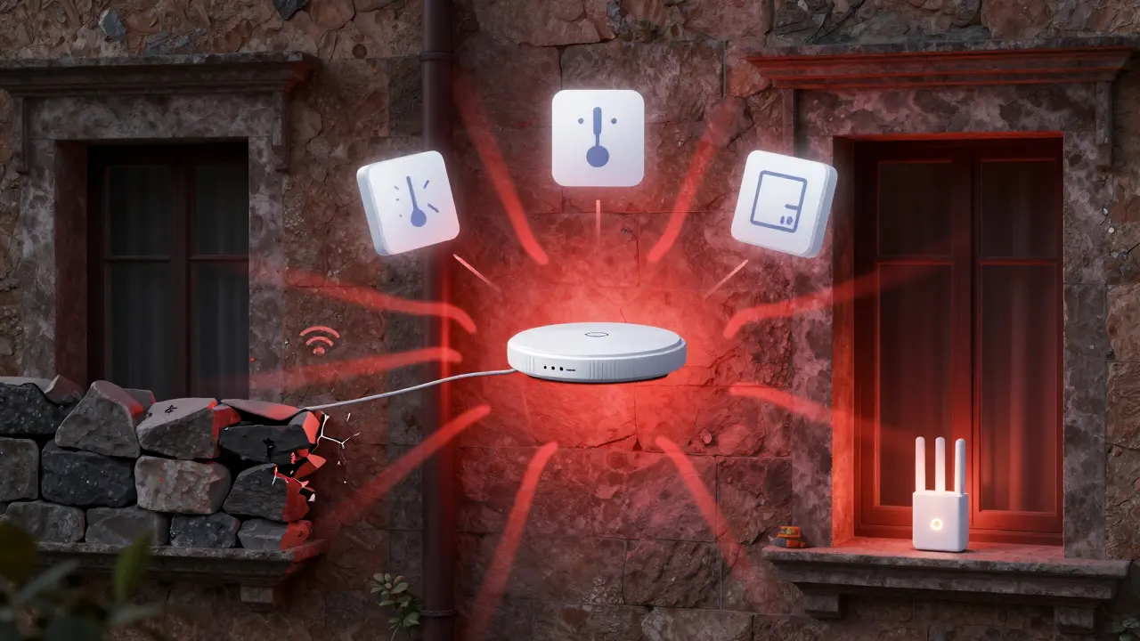 Smart-Heizsystem-Sensoren und Repeater in einem alten Steinhaus mit gestörtem Funknetz.