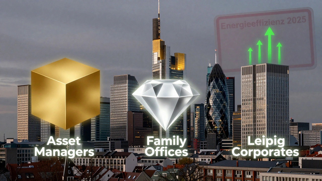 Stadtsilhouette Deutschlands mit drei symbolischen Investorenformen: Fonds, Familienbüros und Unternehmen, die sich auf Energieeffizienz konzentrieren.