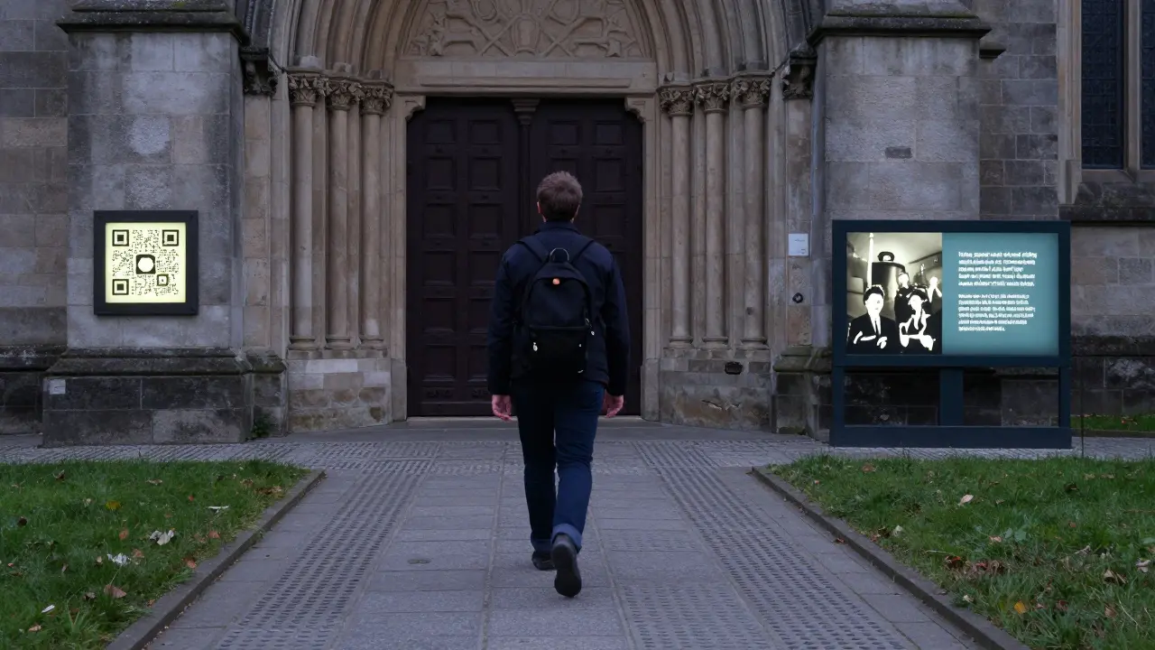 Taktile Bodenleitsysteme führen zu einer historischen Kirchentür, während ein QR-Code digitale Informationen bereitstellt.