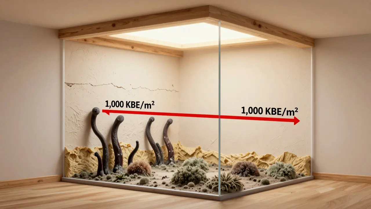 Transparenzansicht eines Hauses mit unsichtbarem Schimmelpilz in den Wänden und einem gesunden Wohnbereich darüber.