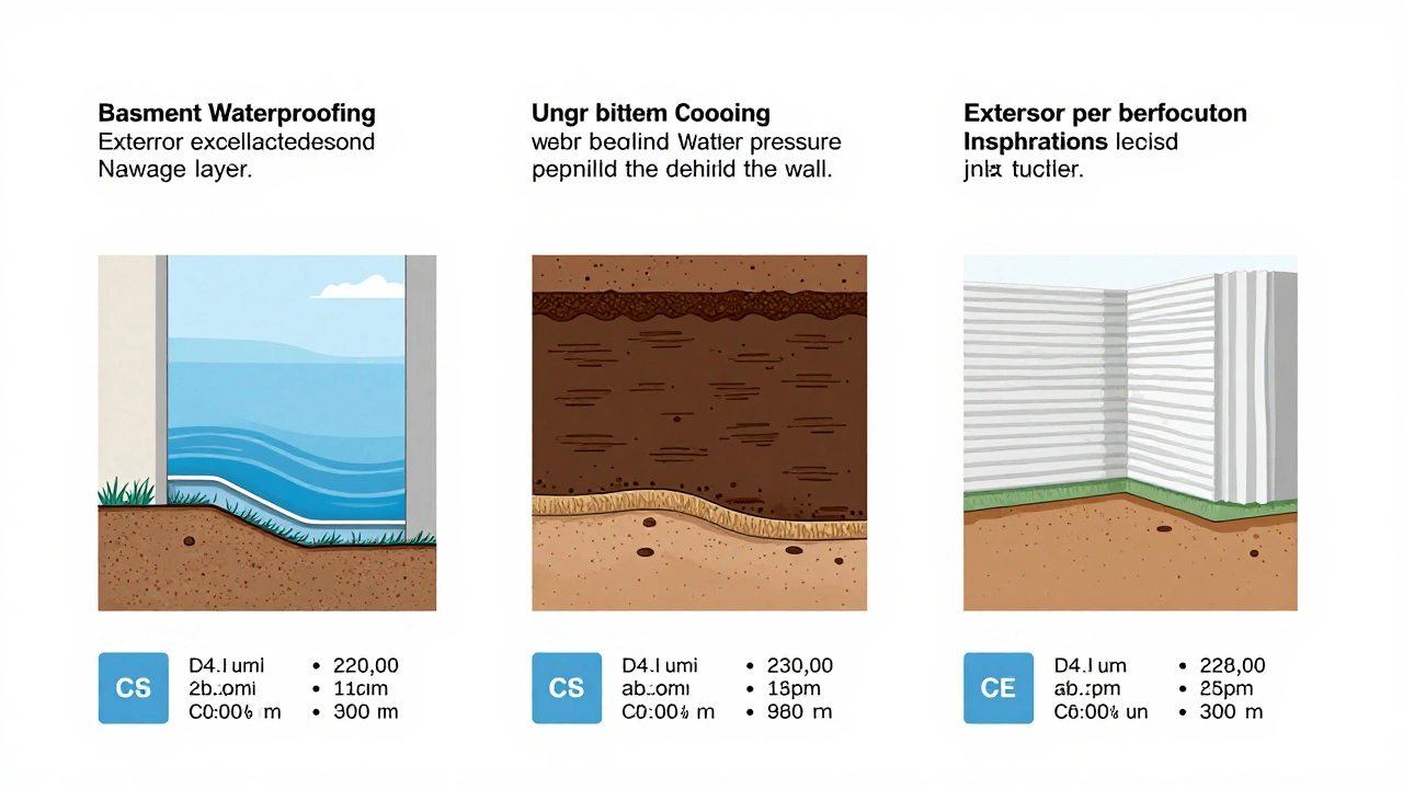 Vergleich der drei Kellerabdichtungsmethoden in Querschnittsdarstellung mit Kosten und Haltbarkeit.