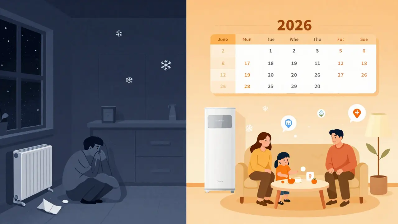 Vergleich einer kalten, hilflosen Situation mit einer warmen, sicheren Heizungslösung im Winter.