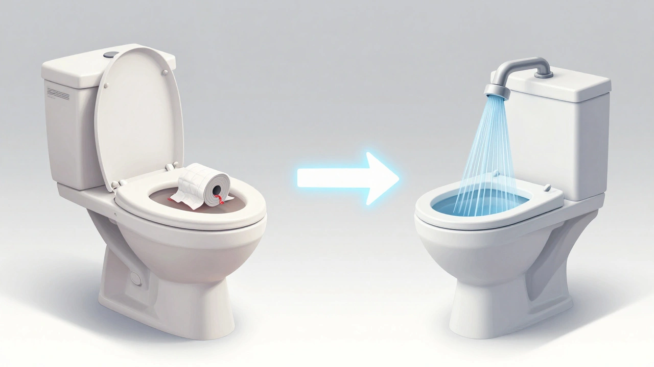 Vergleich: Traditionelle Toilette mit Papier links, Dusch-WC mit Wasserstrahl rechts.