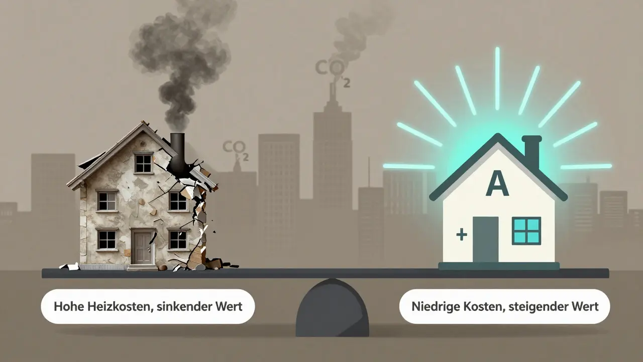 Waage mit zwei Häusern: eines mit hohen Kosten und Rauch, eines mit niedrigen Kosten und Lichtstrahlen.