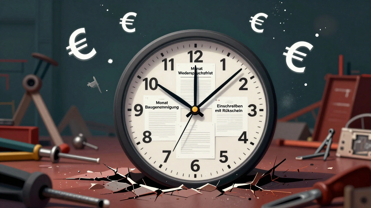 Zeitliche Fristen als Uhrzeiger über einem gerissenen Fundament, juristische Dokumente und Geldscheine verfallen im Hintergrund.