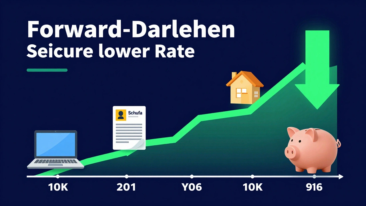 Zeitlinie mit steigenden Zinsen und Forward-Darlehen als Sparlösung, umgeben von Finanz-Icons.