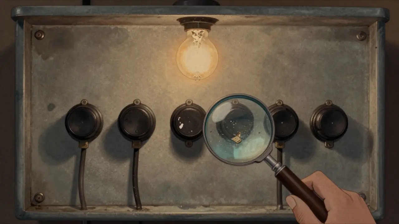 Alter Sicherungskasten mit Porzellan-Klemmen und Bakelit-Schaltern, mit sichtbaren öligen Spuren.