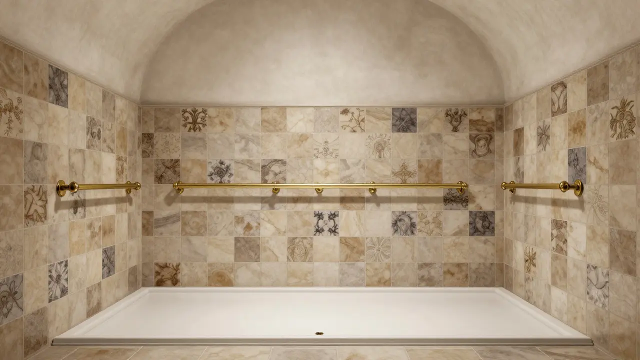 Barrierefreies Bad mit messingfarbenen Haltegriffen und ebenerdiger Dusche in historischem Ambiente.