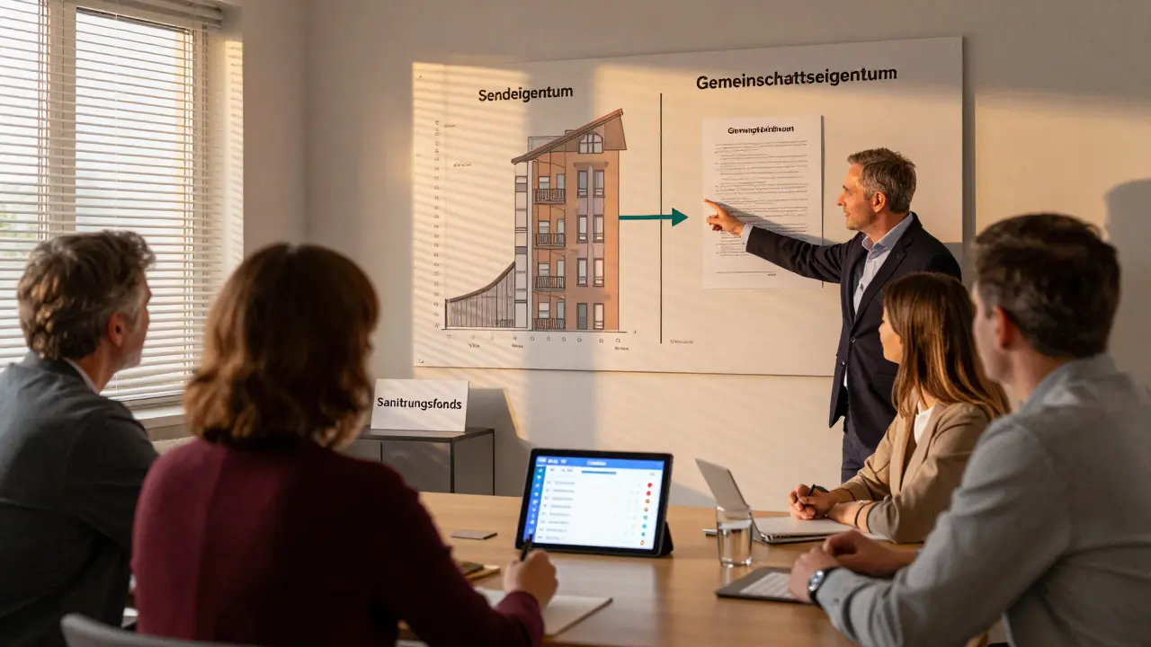 Bewohner stimmen digital über eine Fassadensanierung ab, während eine Rechtsanwältin die Teilungserklärung erklärt.