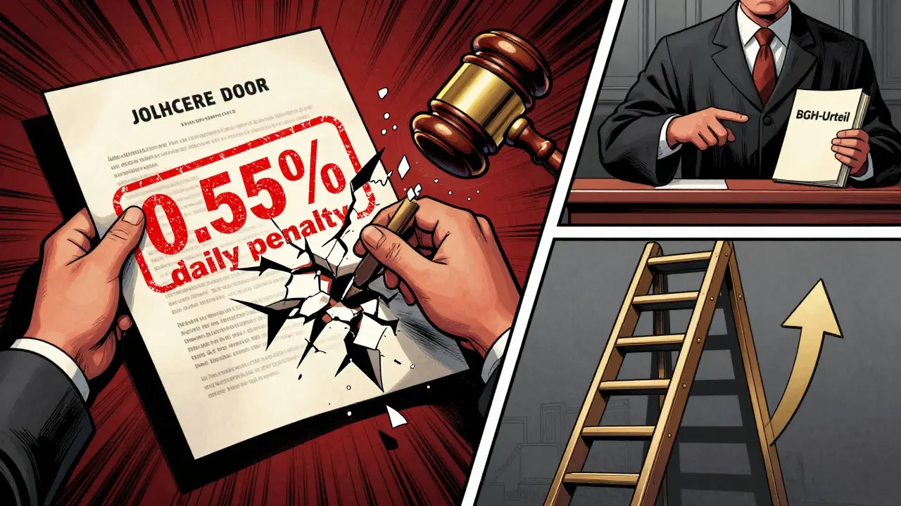 Comic-Stil: Ein Gerichtsbeschluss bricht eine überzogene Vertragsstrafe, während eine faire Staffelung sichtbar bleibt.