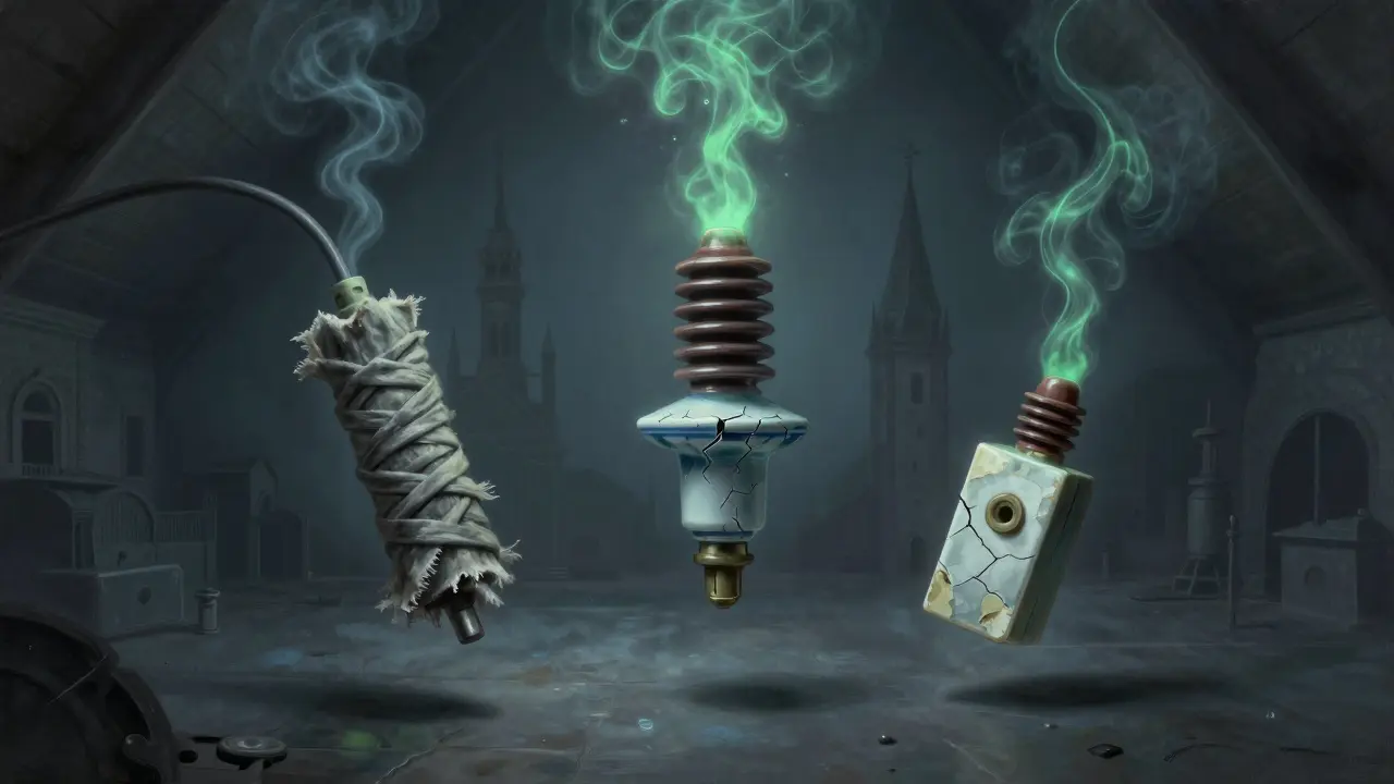 Drei gefährliche Materialien — Stoff, Porzellan, Bakelit — geben unsichtbares Gift in einer dunklen Dachboden-Szene ab.