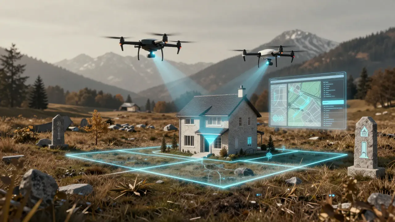 Drone projecting digital boundary lines over a property with holographic land registry interface.