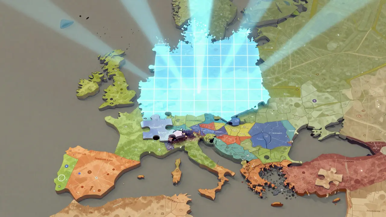 Ein zersplittertes Deutschland aus 600 Puzzlestücken neben einem einheitlichen digitalen Grundbuchsystem, das Licht durchbricht.