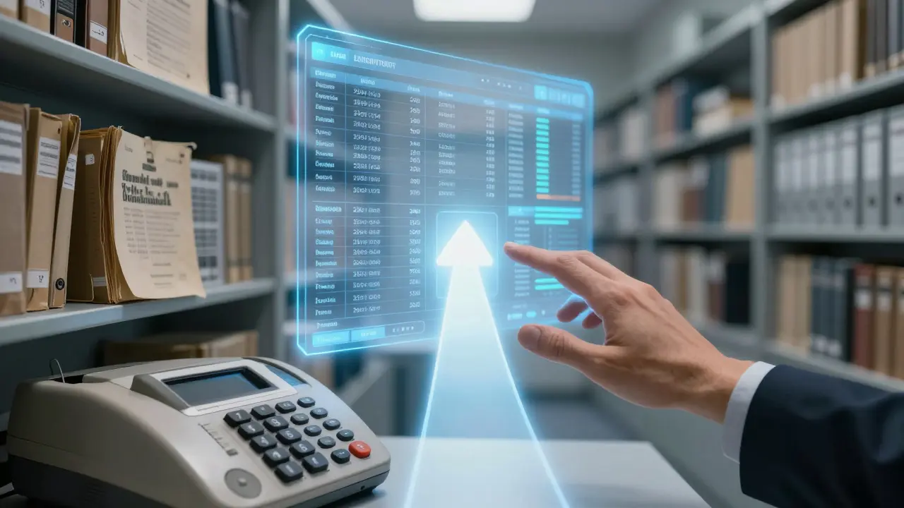 Eine Hand greift von einer veralteten Amtsstube nach einer digitalen Grundbuch-Schnittstelle, die hinter ihr leuchtet.