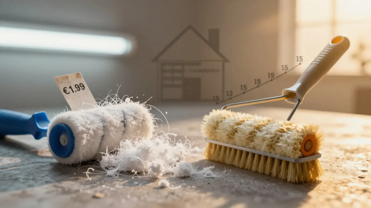 Gegensatz: kaputte Billigwalze vs. langlebige Profi-Werkzeuge mit Zeitachse