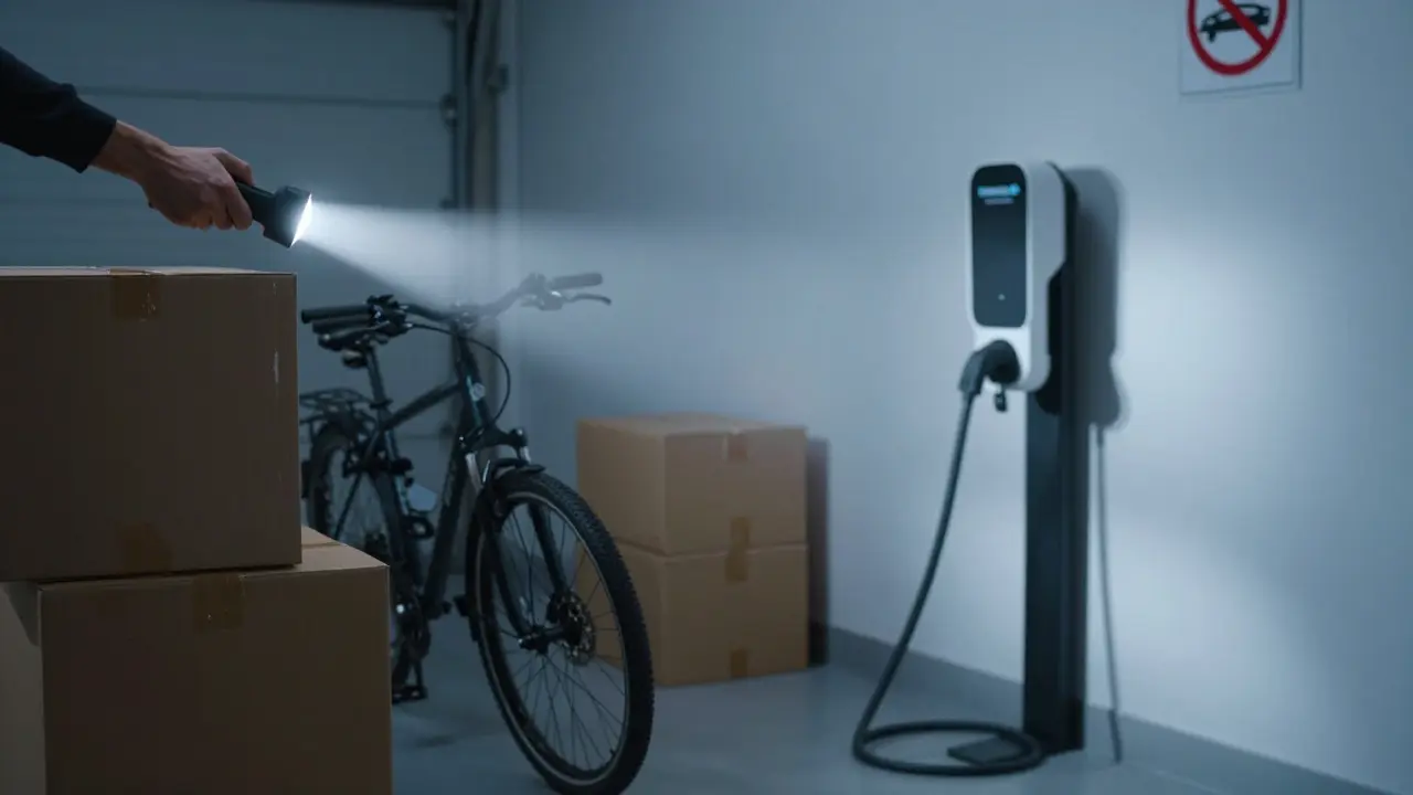 Gesperrter Gang in der Tiefgarage mit Fahrrad und ungenutzter Ladekabel-Steckdose.