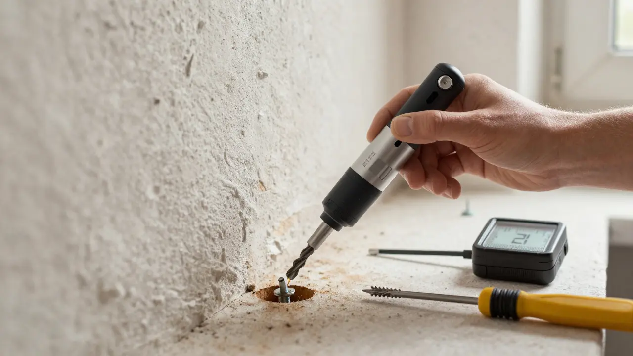 Hand installiert einen chemischen Dübel in eine saubere Bohrung, Resin fließt in das Mauerwerk, eine Uhr zeigt 2 Stunden Restzeit an.