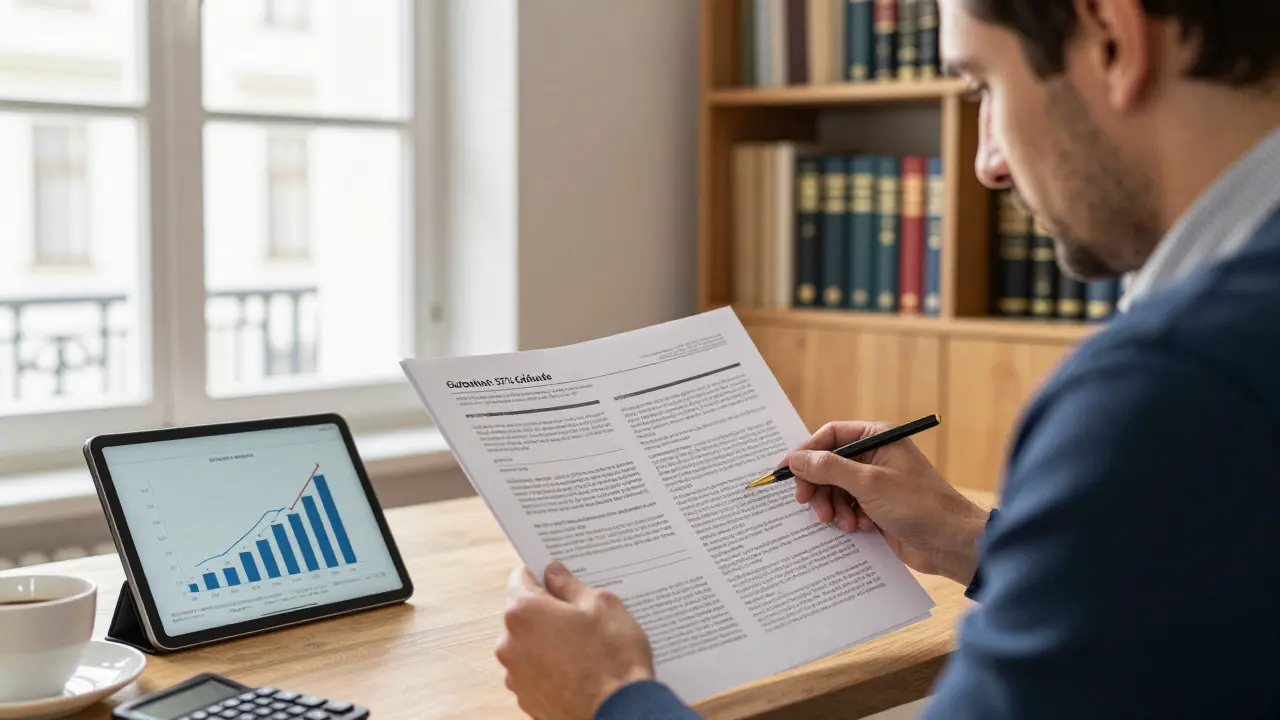 Investor und Finanzberater analysieren ein Gutachten zur Kaufpreisaufteilung einer Wiener Immobilie.