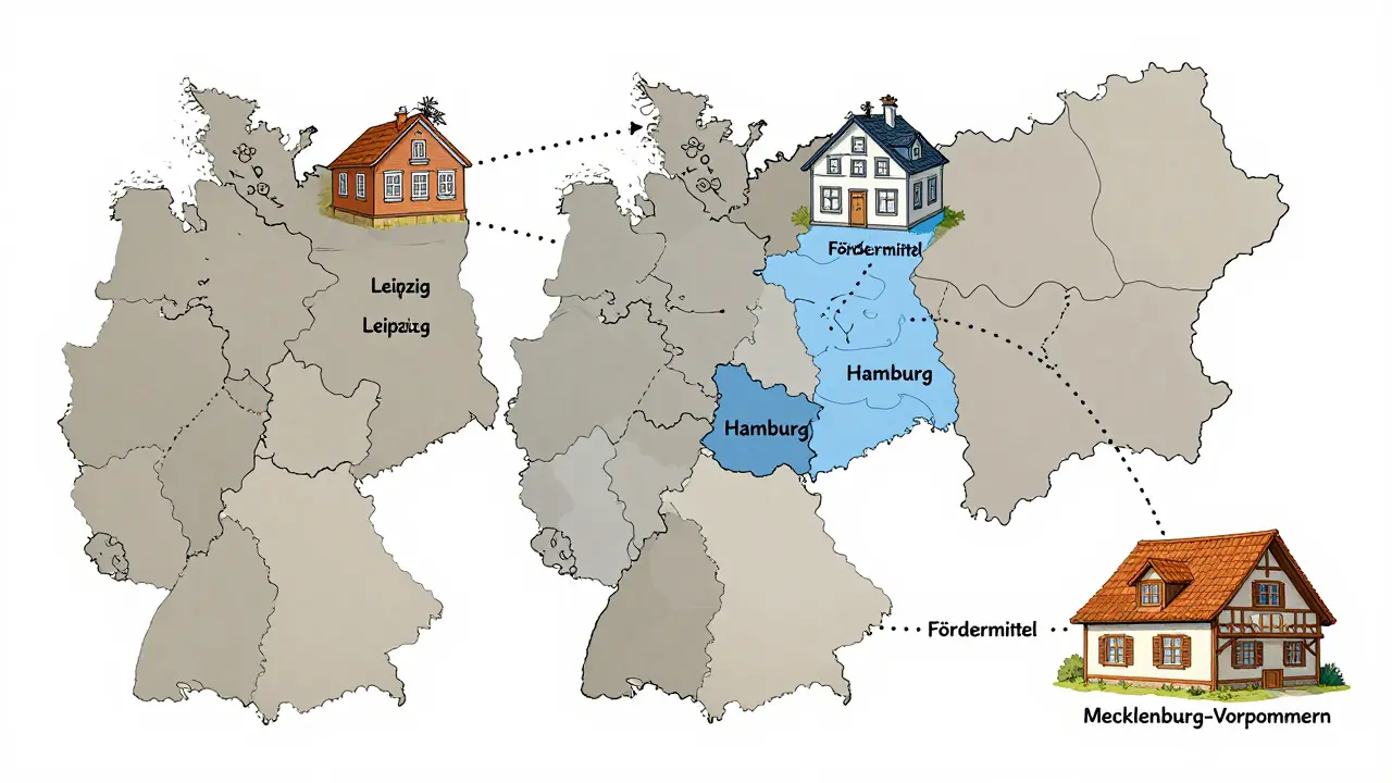 Karte Deutschlands mit 16 Bundesländern, jeweils mit typischen Wohnförderprojekten wie Althaus-Sanierung oder Studentenwohnungen.