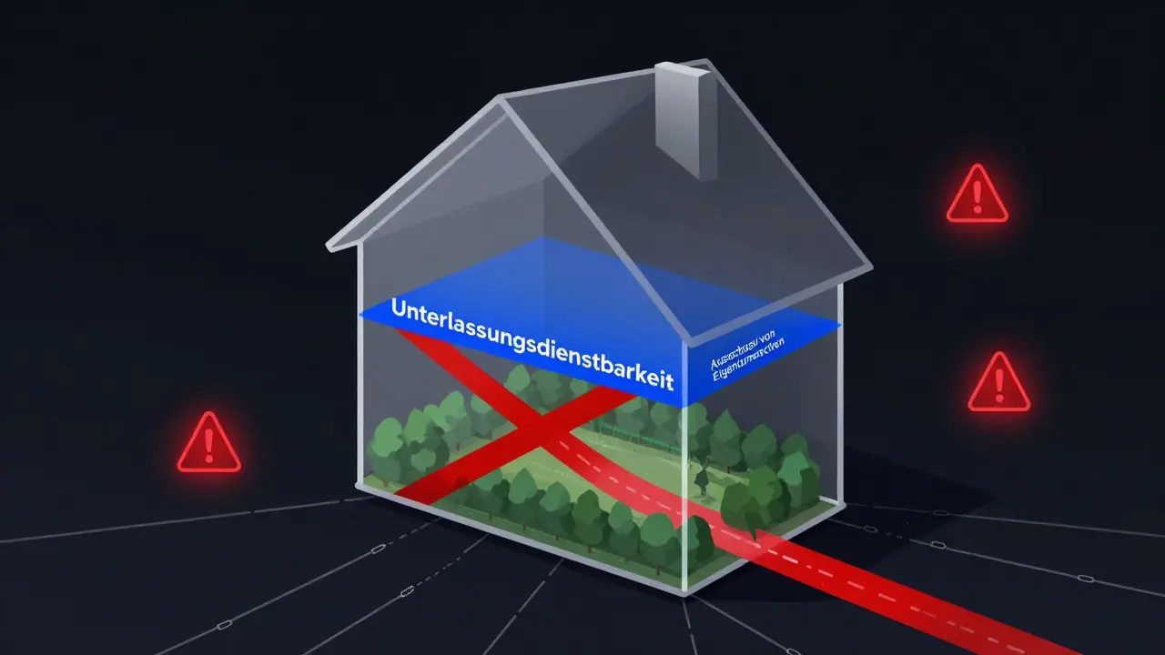 Konzeptuelles Bild eines Hauses mit transparenten rechtlichen Belastungen als überlagerte Linien.