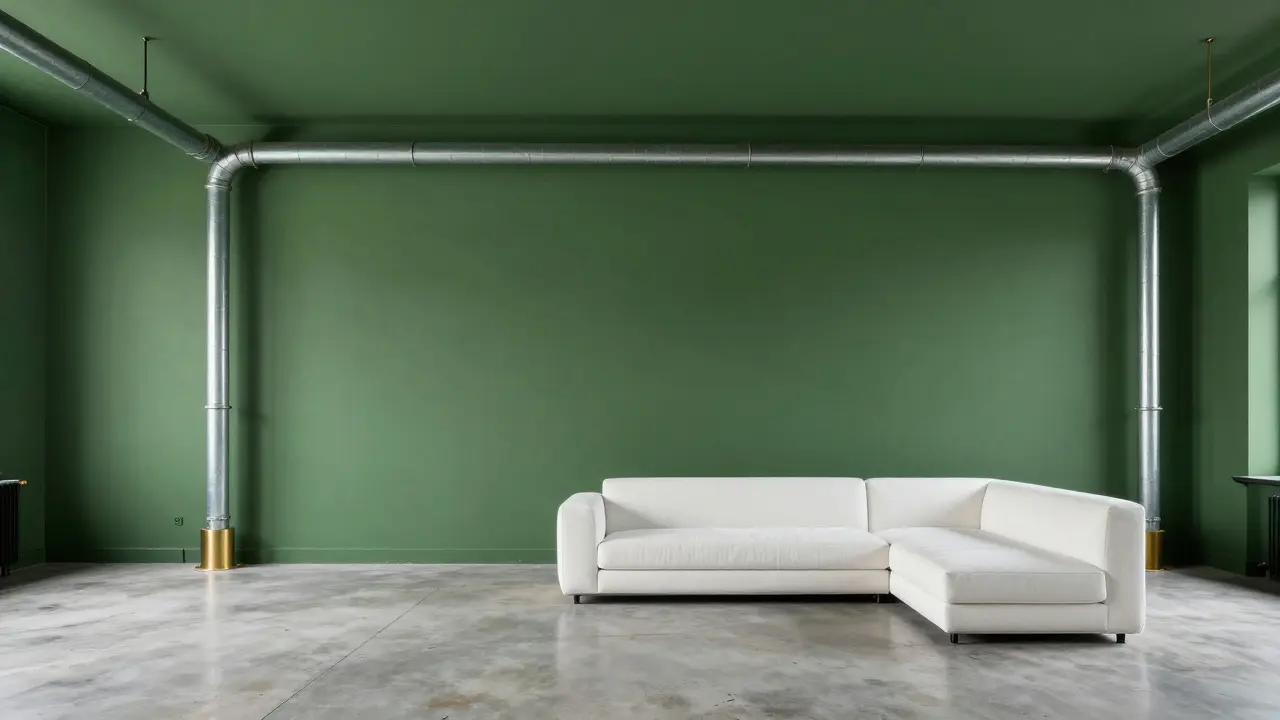 Modernes Wohnzimmer mit tiefgrünem Wand- und Deckenanschluss, Betonboden und Messingakzenten in architektonischer Atmosphäre.