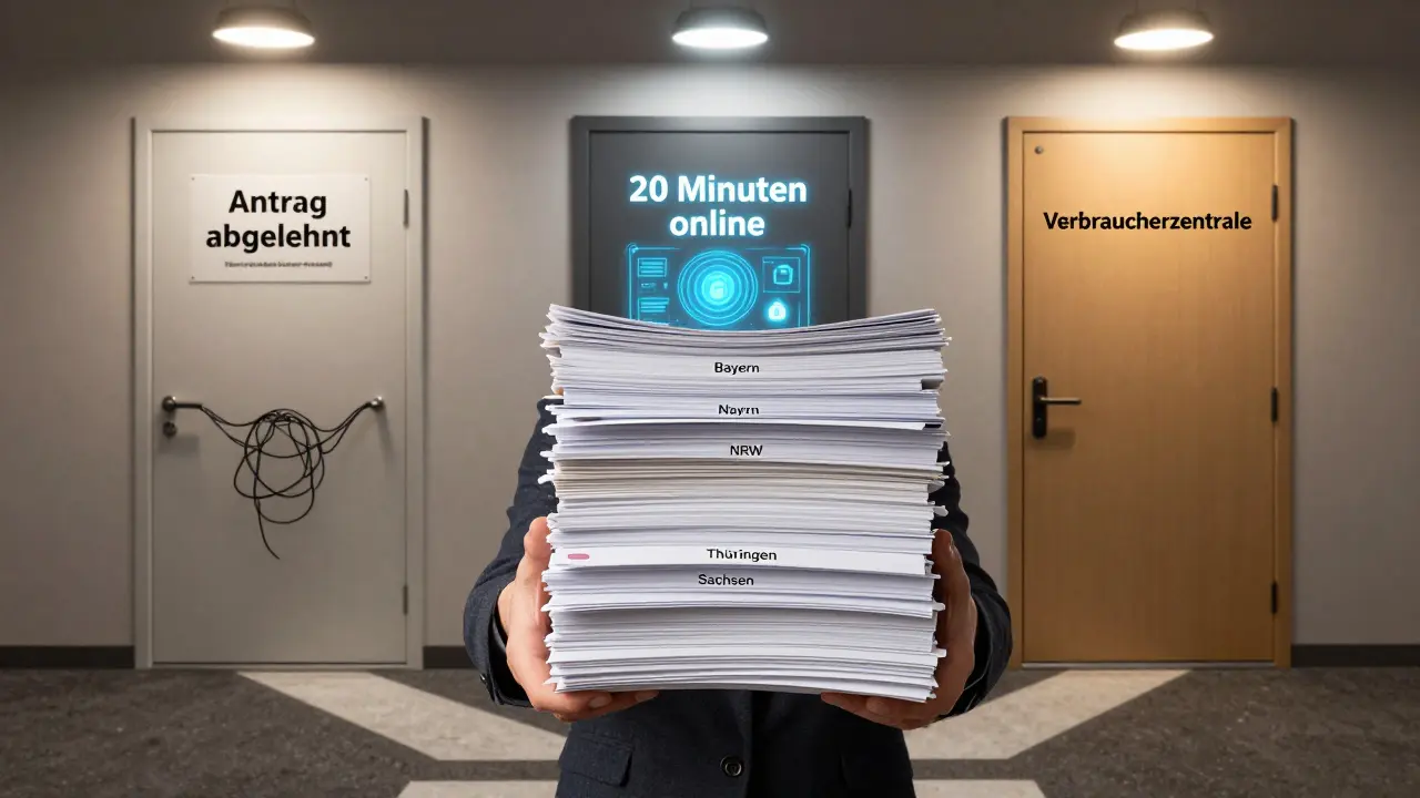 Person vor drei Türen mit Papierstapel, symbolisiert Komplexität, Digitalisierung und Beratung bei Wohnförderung.