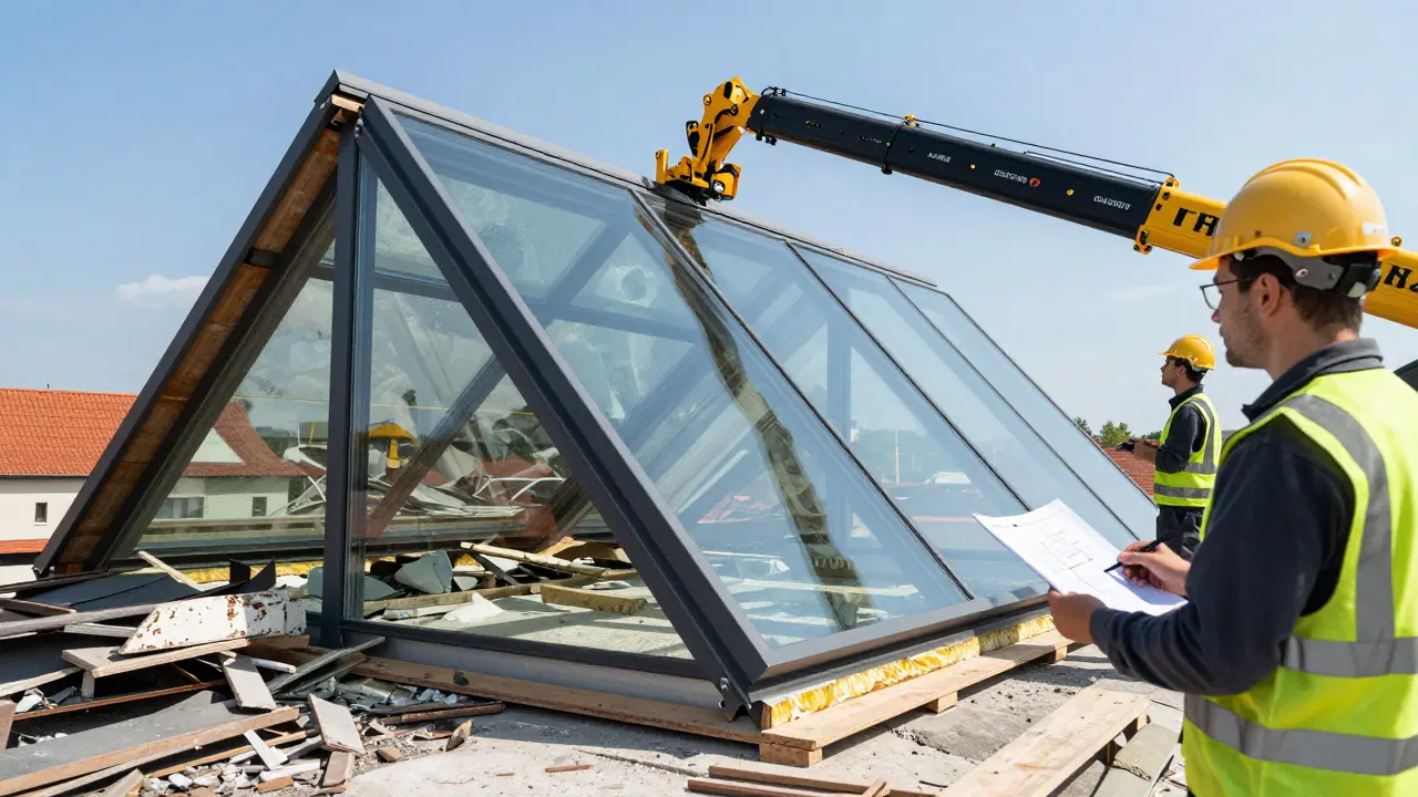 Professioneller Einbau einer modernen Trapezgaube, alte Gaube im Hintergrund abgebaut, neue Isolierung und Glas sichtbar.