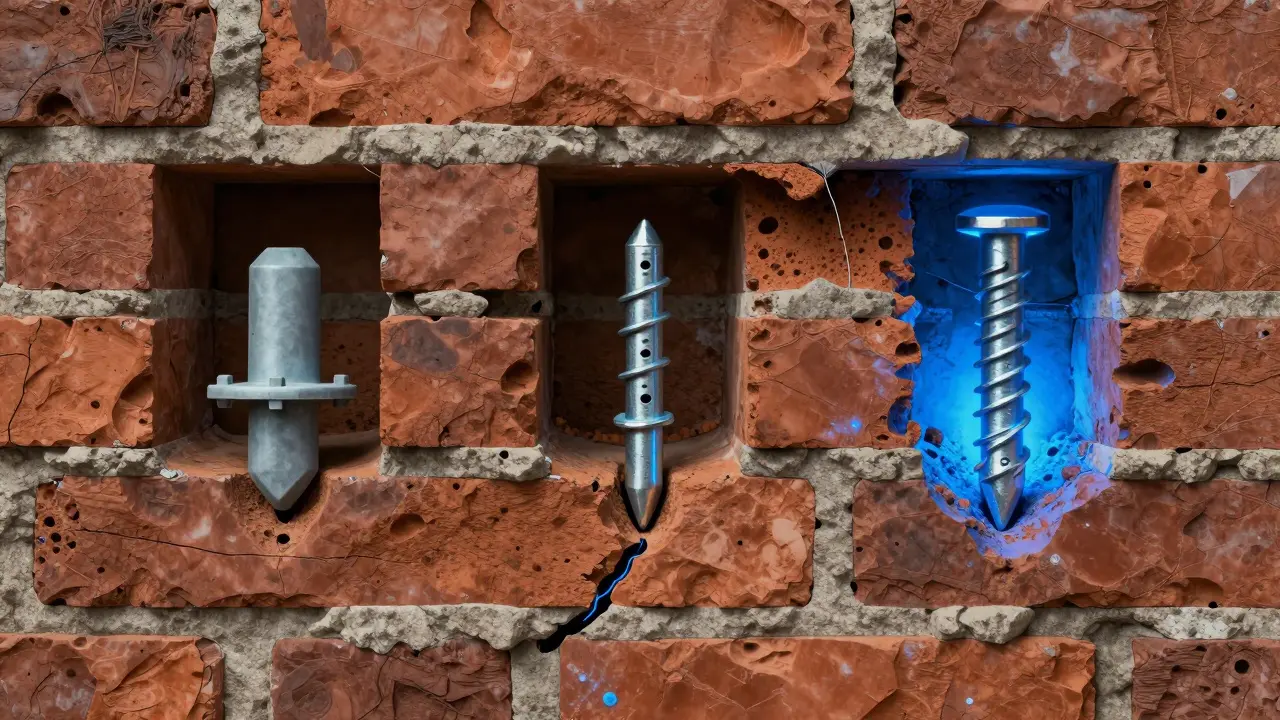 Querschnitt einer alten Ziegelwand mit drei Befestigungssystemen: kaputter Kunststoffdübel, halb herausgezogener Metalldübel und chemischer Anker mit verklebtem Mörtel.