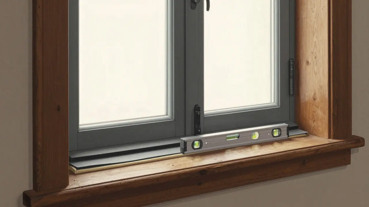 Querschnitt eines sanierten Fensters mit dreifacher Dichtungsschicht in Holzrahmen.