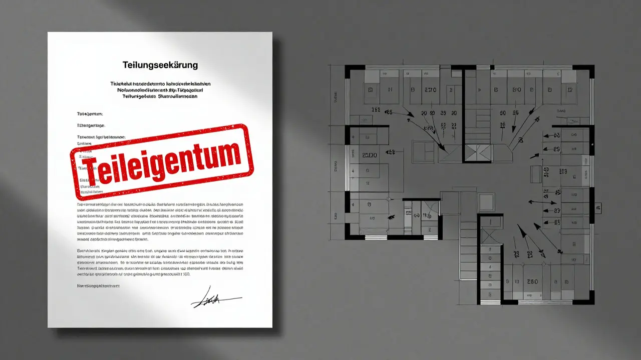Rechtliches Dokument mit Teileigentum und Kostenverteilung im Grundriss einer Tiefgarage.