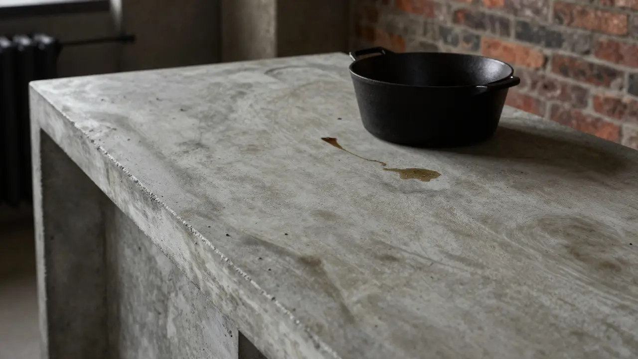 Rohbeton-Arbeitsplatte mit individueller Struktur und heißen Kochtöpfen darauf