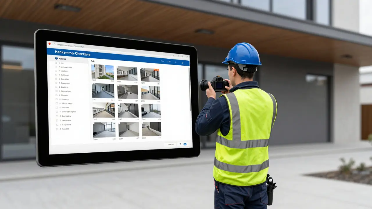 Sachverständiger dokumentiert Fassadenabnahme mit Kamera und Lasermessgerät, digitale Checkliste im Hintergrund.