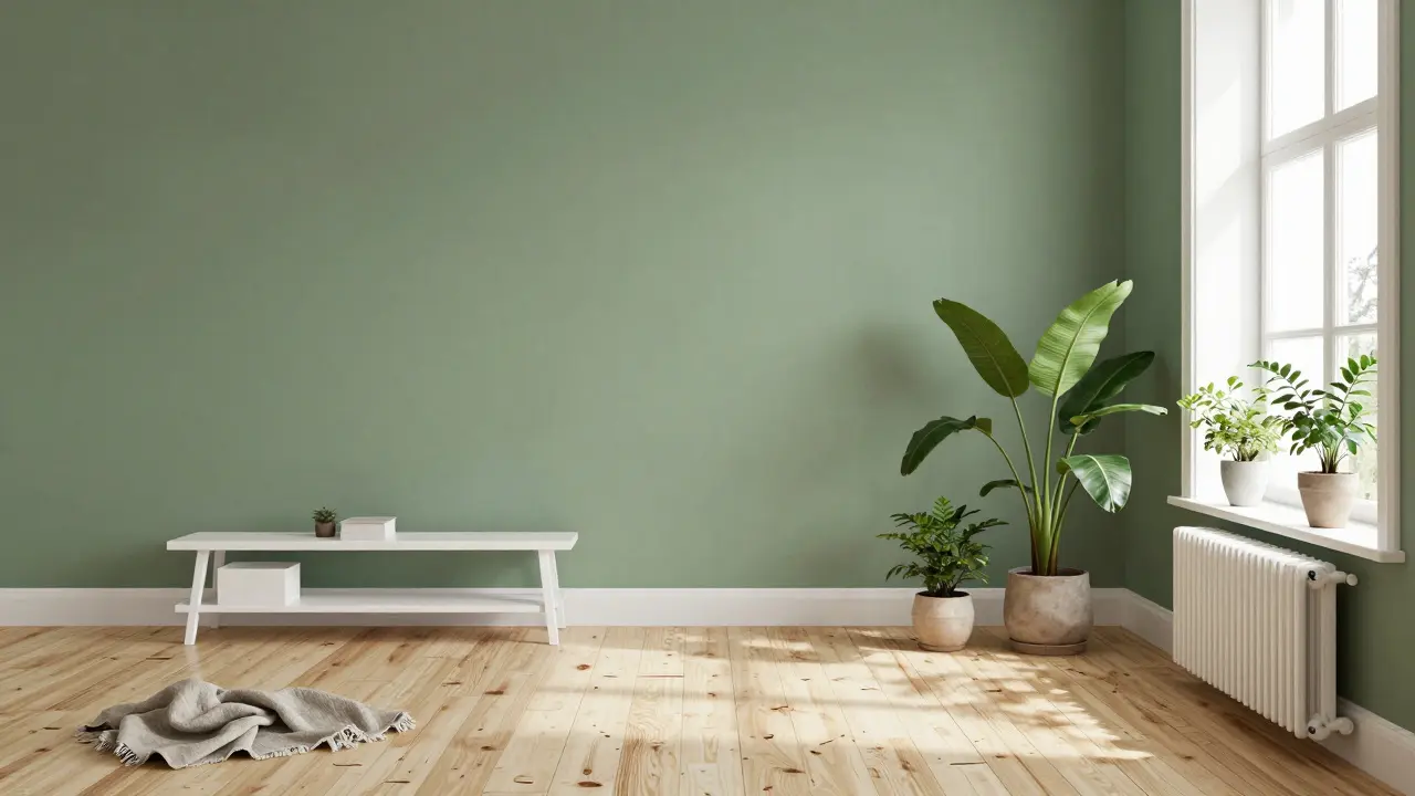 Skandinavisches Wohnzimmer mit moosgrünen Wänden, weißen Möbeln und echten Pflanzen in natürlichem Licht.