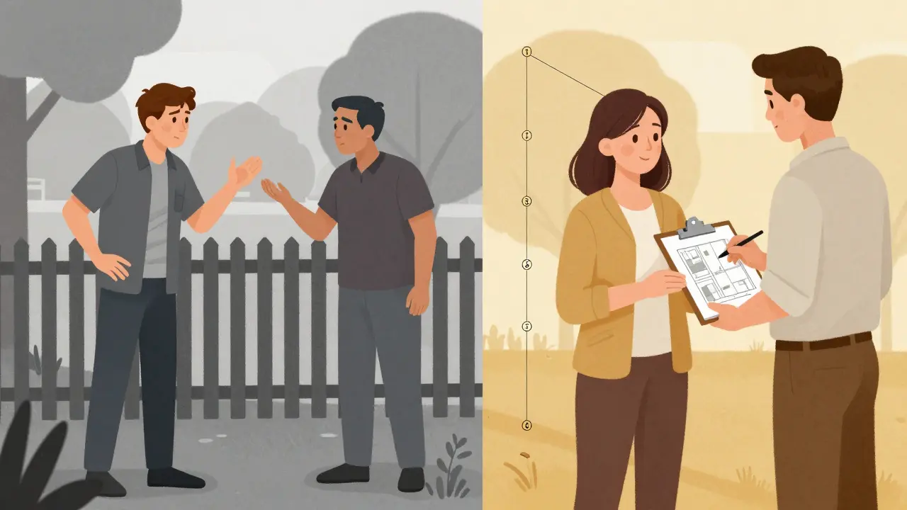 Split image: messy property dispute vs. clear boundary markers after official survey.