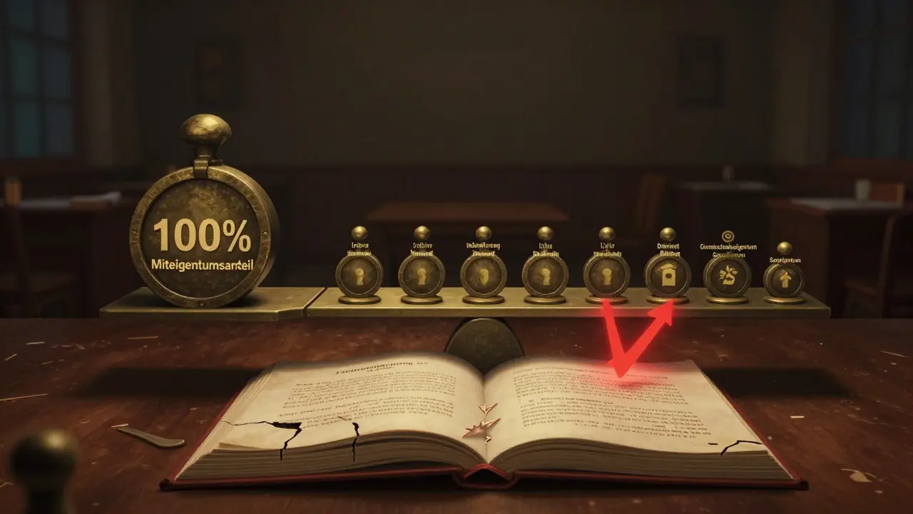 Symbolische Waage zeigt die Gewichtung von Stimmen und Rechten in einer Wohnungseigentümergemeinschaft.