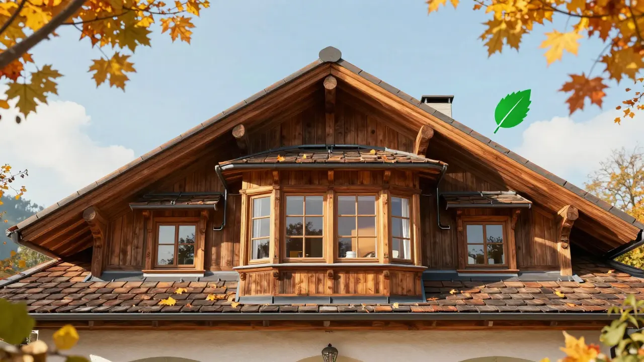 Traditionelles österreichisches Haus mit Schlepp- und Satteldachgauben, harmonisch in das Dach integriert und von Sonnenlicht erhellt.